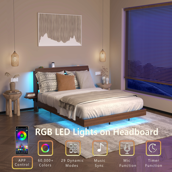 带LED灯和充电站的悬浮式床架（皇后尺寸），胡桃木材质，带储物床头板，无需弹簧床垫，易于组装。-8