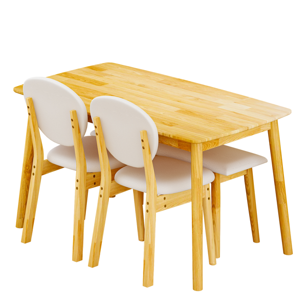 1桌2椅1凳 拆装 橡胶木+软包 原木色 餐桌椅套装 米色坐垫 长方形-5