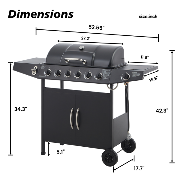 六燃烧器丙烷燃气烧烤炉，带侧炉，总功率59000 BTU，不锈钢材质，配有搪瓷涂层烤架和侧边置物台，适用于户外烹饪、厨房和庭院后院。-2