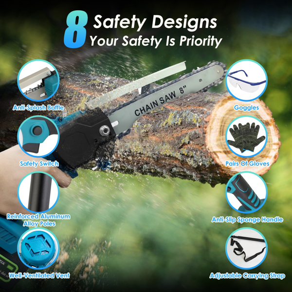 （物流随机发，自提可发加拿大）2合1无线伸缩锯与手持链锯，1200W无刷电机配双3000mAh电池，13英尺可调锯头，自动注油润滑系统及树木修剪安全套装-9