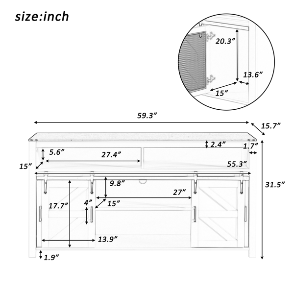 U型59.3英寸餐边柜，带滑动谷仓门和网格面板，农舍风格开放式储物柜，适用于客厅、走廊、阳台、厨房、办公室-9