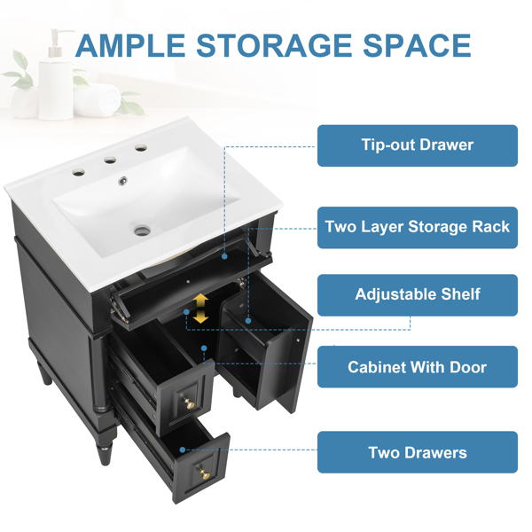 24英寸浴室柜，带水槽，黑色独立式浴室柜，带翻盖抽屉、可调节搁板、实心橡胶木框架、中密度纤维板和金属把手-8