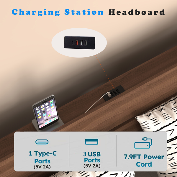 带LED灯和充电站的悬浮式床架（皇后尺寸），胡桃木材质，带储物床头板，无需弹簧床垫，易于组装。-3