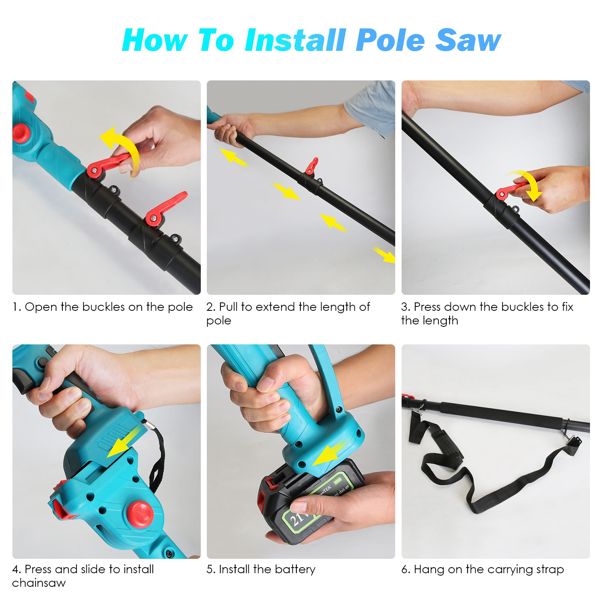 （物流随机发，自提可发加拿大）2合1无线伸缩锯与手持链锯，1200W无刷电机配双3000mAh电池，13英尺可调锯头，自动注油润滑系统及树木修剪安全套装-3