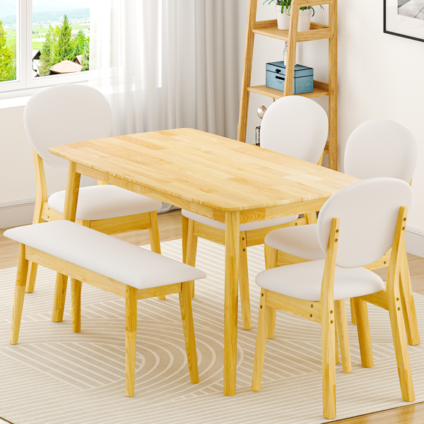 1桌4椅1凳 拆装 橡胶木+软包 原木色 餐桌椅套装 米色坐垫 长方形-11