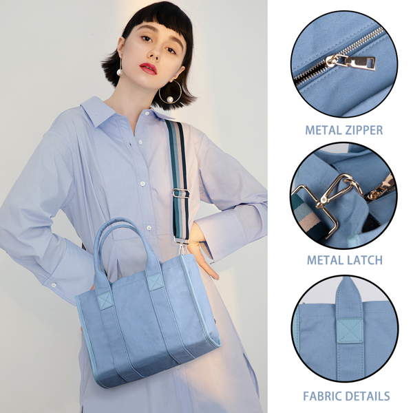 女士帆布手提包 顶部手柄手提包 女士斜挎手提包-蓝色-5