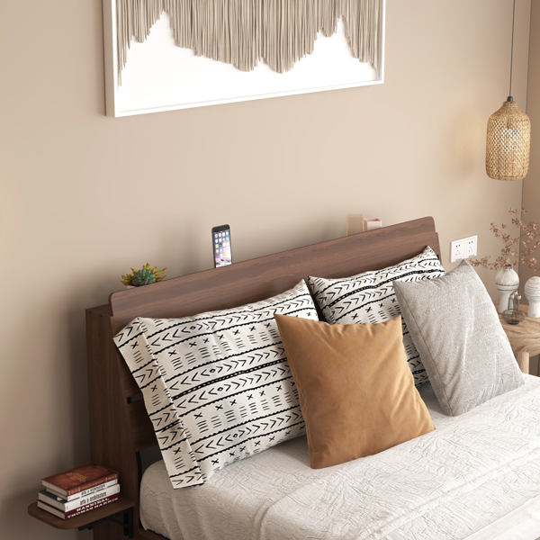 带LED灯和充电站的悬浮式床架（皇后尺寸），胡桃木材质，带储物床头板，无需弹簧床垫，易于组装。-6