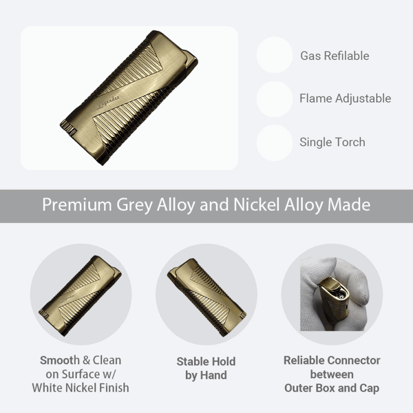 LEGENDEX®拓荒者* 金色单直冲打火机用于雪茄香烟厨房户外可重复充气可调节火焰高度便携式-4