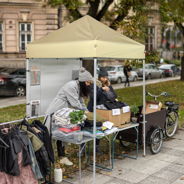 5X5FT 卡其色 带1面半围 折叠棚  白色喷塑钢管 围布带4个网格收纳袋 配拎包-14