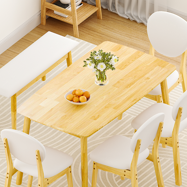 1桌4椅1凳 拆装 橡胶木+软包 原木色 餐桌椅套装 米色坐垫 长方形-21
