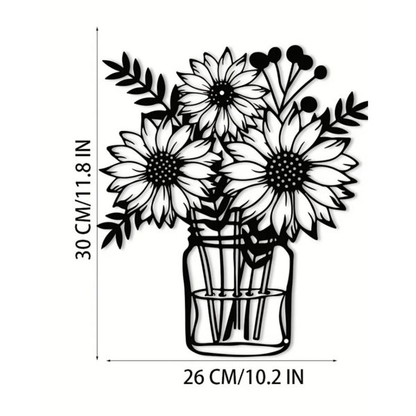 CIFbuy™ 铁艺向日葵花瓶装饰画，田园风墙面挂饰，花卉主题家居软装（在 TikTok、temu 下可自提）-3