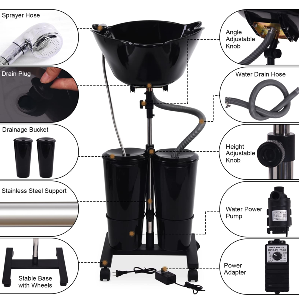 便携式洗发盆，带电动泵和双水箱，配备喷头，适用于沙龙及家庭，黑色-6