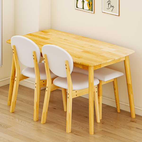 1桌2椅1凳 拆装 橡胶木+软包 原木色 餐桌椅套装 米色坐垫 长方形-13