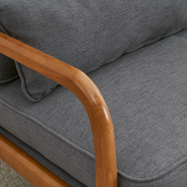 椅子 沙发 胡桃色橡木扶手 软包 深灰色 麻布 单人休闲椅-7