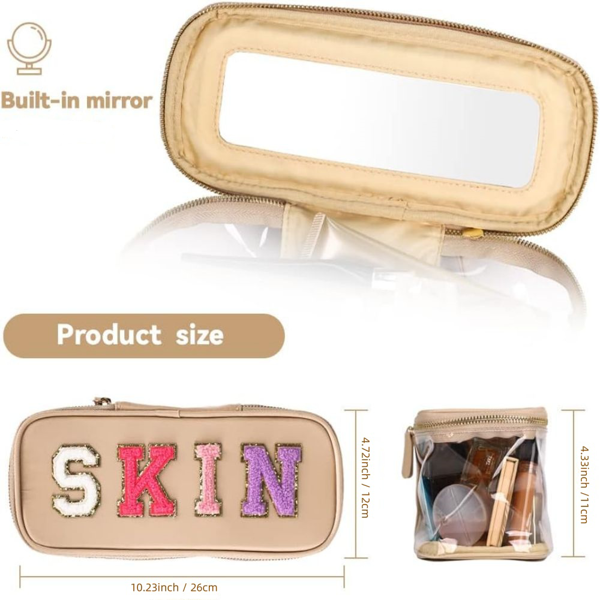 便携式雪尼尔字母透明学院风化妆拉链包 防水可折叠收纳袋 旅行储物手提包 适合度假旅行、浴室用-卡其色-2