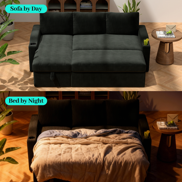 可转换灯芯绒L型储物沙发床，带杯架扶手，现代风格客厅折叠沙发-5