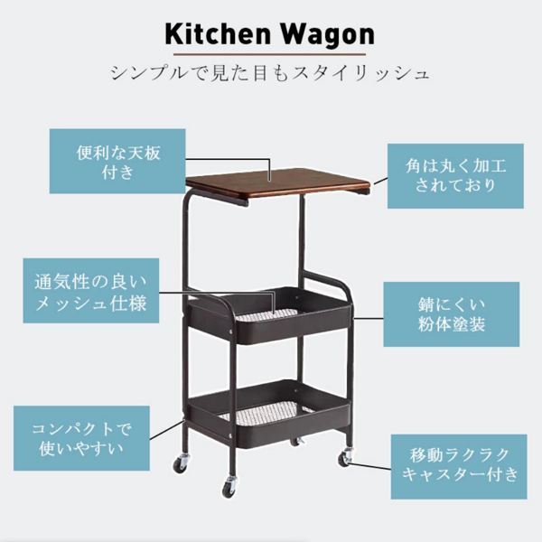 小推车置物架 白色铁架+浅木纹桌板 带轮-3