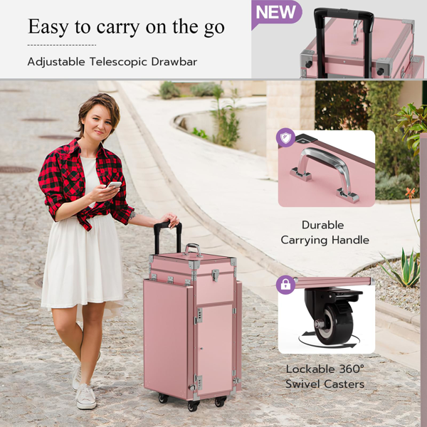 便携式美甲桌，带轮折叠美甲推车，美甲教学化妆箱，双层桌面化妆品推车箱，粉色款-8