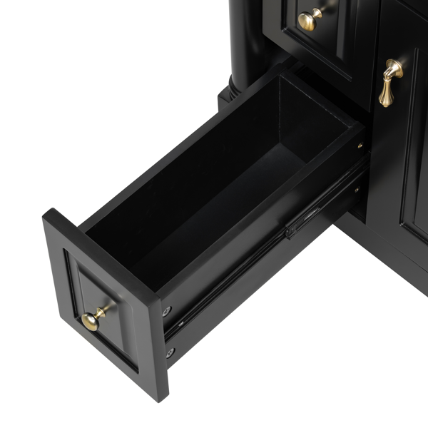 24英寸浴室柜，带水槽，黑色独立式浴室柜，带翻盖抽屉、可调节搁板、实心橡胶木框架、中密度纤维板和金属把手-9