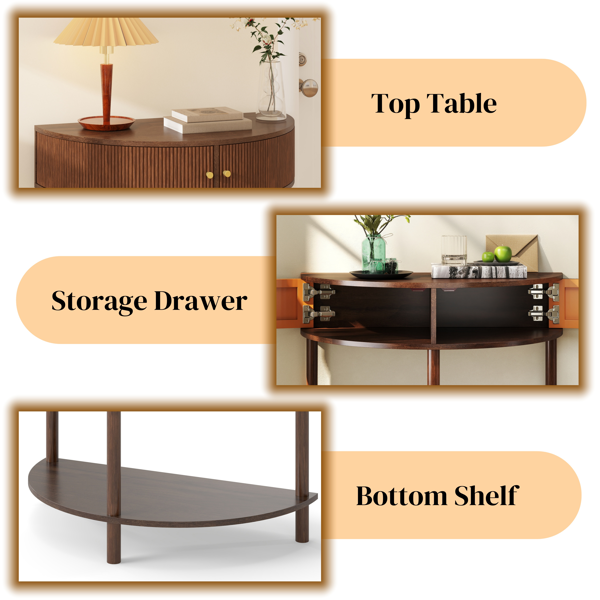 匠心打造的波浪纹半月形控制台桌，棕色木纹，独特的半月形设计边桌，带2个储物抽屉和底部搁板，适用于客厅、卧室、书房、走廊。-3