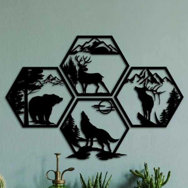 CIFbuy™ 铁艺六边形森林动物装饰画套装，户外风墙面挂饰，自然主题家居软装（在 TikTok、temu 下可自提）-5