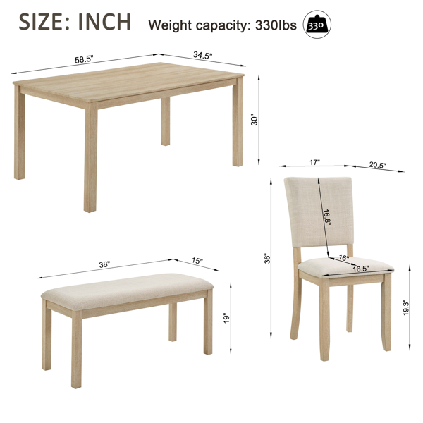 六件套餐桌椅组合，含长凳，木质长方形餐桌椅套装，含长凳和四把软垫餐椅，适用于客厅、厨房、餐厅，浅橡木色和米色-2