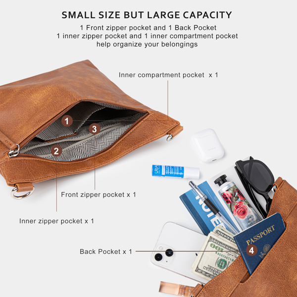 女士斜挎包，配两条可调节肩带，多口袋设计，小巧斜挎手包-棕色-4