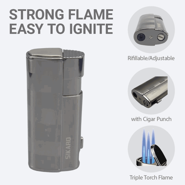 SIKARO®飓风* 三直冲专用高档雪茄打火机带雪茄打孔器黑镍枪黑雪茄香烟厨房户外可重复充气可调节火焰高度便携式-3