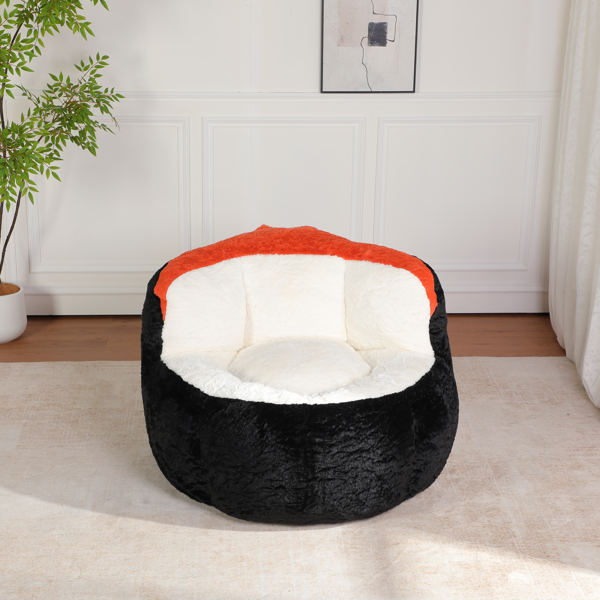 超大豆袋椅、填充海绵丝的多色人造毛皮沙发、客厅大沙发、无需组装、黑色+白色+橙色-2