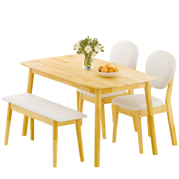 1桌2椅1凳 拆装 橡胶木+软包 原木色 餐桌椅套装 米色坐垫 长方形-4