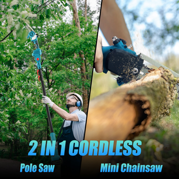 （物流随机发，自提可发加拿大）2合1无线伸缩锯与手持链锯，1200W无刷电机配双3000mAh电池，13英尺可调锯头，自动注油润滑系统及树木修剪安全套装-11