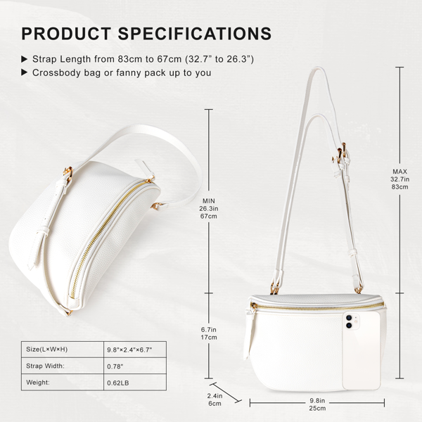 女士马鞍斜挎包，PU皮革马鞍挎包腰包及斜挎钱包-白色-3