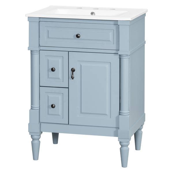 24英寸浴室柜，带水槽，灰蓝色独立式浴室柜，带翻盖抽屉、可调节搁板、实心橡胶木框架、中密度纤维板和金属把手-7