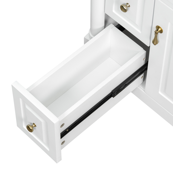 24英寸浴室柜，带水槽，白色独立式浴室柜，带翻盖抽屉、可调节搁板、实心橡胶木框架、中密度纤维板和金属把手-14