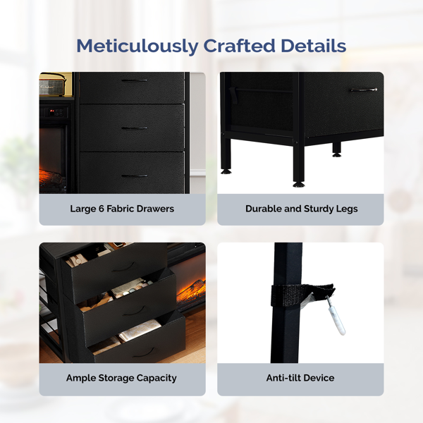 黑色 147.32*30*79.4cm 浮雕密度板贴三胺 六布抽一搁架 铁布木结构 带RGB 壁炉电视柜 & 18in壁炉芯-6