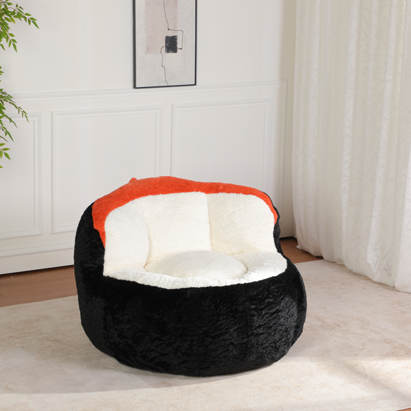 超大豆袋椅、填充海绵丝的多色人造毛皮沙发、客厅大沙发、无需组装、黑色+白色+橙色-3