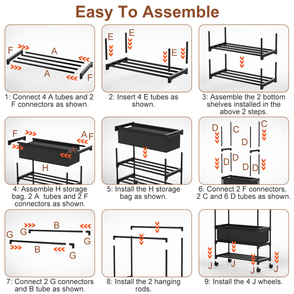（自提可发加拿大，temu&tk下自提单）三层可移动衣架 卧室玄关双杆设计 坚固铁艺衣架配双层高度杆 可调节储物袋 带锁通用轮 轻松组装-10