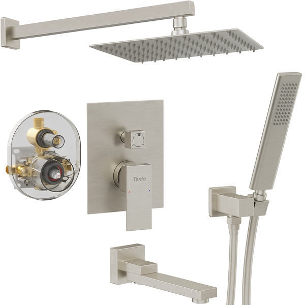 公NPT折叠式浴缸淋浴水龙头，带浴缸水龙头套件和浴室手持淋浴喷头系统，拉丝镍黑色3功能浴缸淋浴粗糙阀门和分流器【周末不发货，TK/TEMU订单仅支持自提】-1