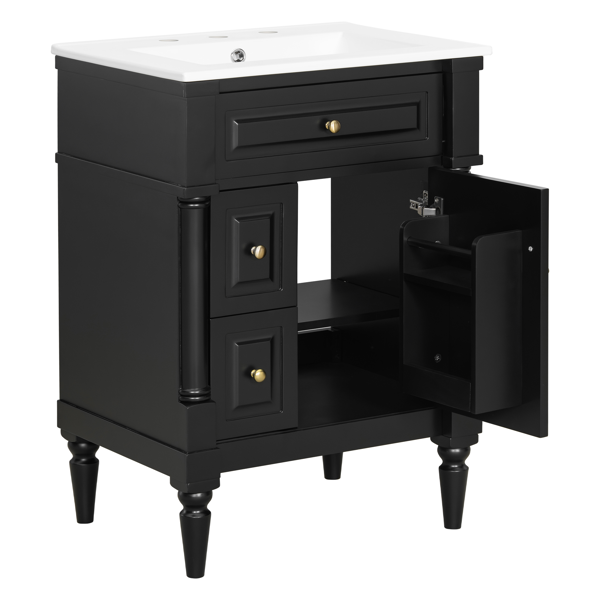 24英寸浴室柜，带水槽，黑色独立式浴室柜，带翻盖抽屉、可调节搁板、实心橡胶木框架、中密度纤维板和金属把手-12