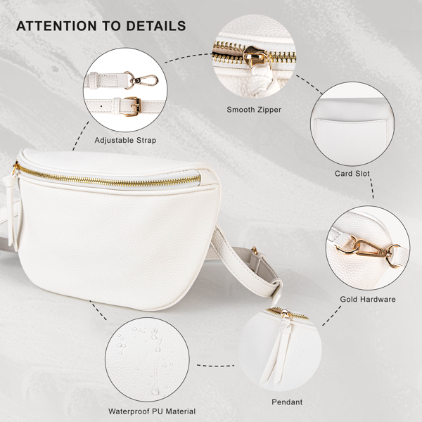 女士马鞍斜挎包，PU皮革马鞍挎包腰包及斜挎钱包-白色-4