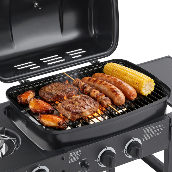 双燃烧器丙烷燃气烧烤炉，带侧炉，24000 BTU功率输出，不锈钢材质，配备搪瓷烤架和侧边置物台，适用于户外烹饪、厨房和庭院后院。-16