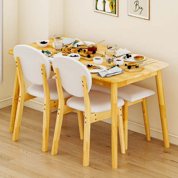 1桌2椅1凳 拆装 橡胶木+软包 原木色 餐桌椅套装 米色坐垫 长方形-20