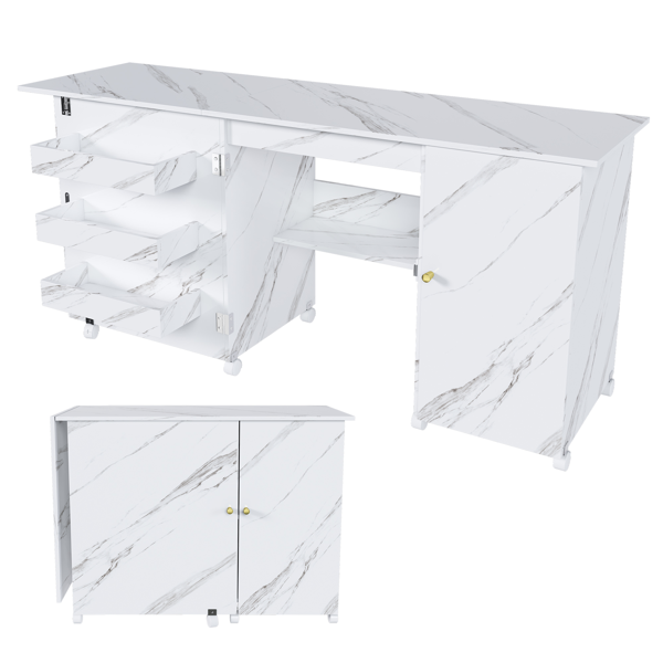 57.5英寸可折叠缝纫机桌，带锁定脚轮，多功能储物工艺工作台，带搁板、收纳箱和柜子，可调节缝纫柜，适用于家庭、卧室和工艺室（白色）-7