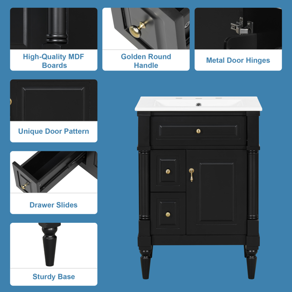 24英寸浴室柜，带水槽，黑色独立式浴室柜，带翻盖抽屉、可调节搁板、实心橡胶木框架、中密度纤维板和金属把手-6