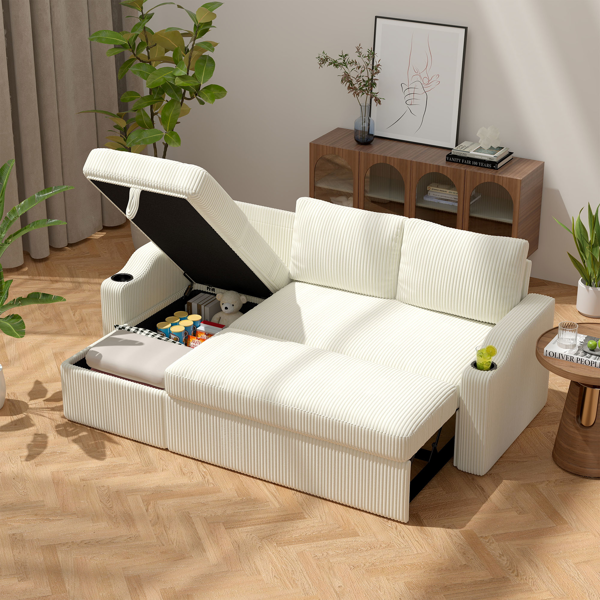 可转换灯芯绒L型储物沙发床，带杯架扶手，现代风格客厅折叠沙发-3