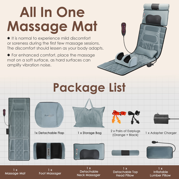 （自提可发加拿大，temu&tk下自提单）全身加热按摩垫，配备12个按摩头与9种振动模式，可拆卸指压式颈部及足部按摩器，缓解背部/腿部疼痛--法兰灰-16