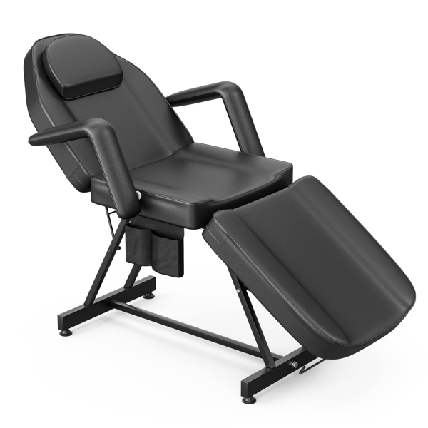 专业纹身床椅按摩床，带储物袋和毛巾挂钩，适用于美容师，可调节靠背及脚踏，三段式，黑色-1