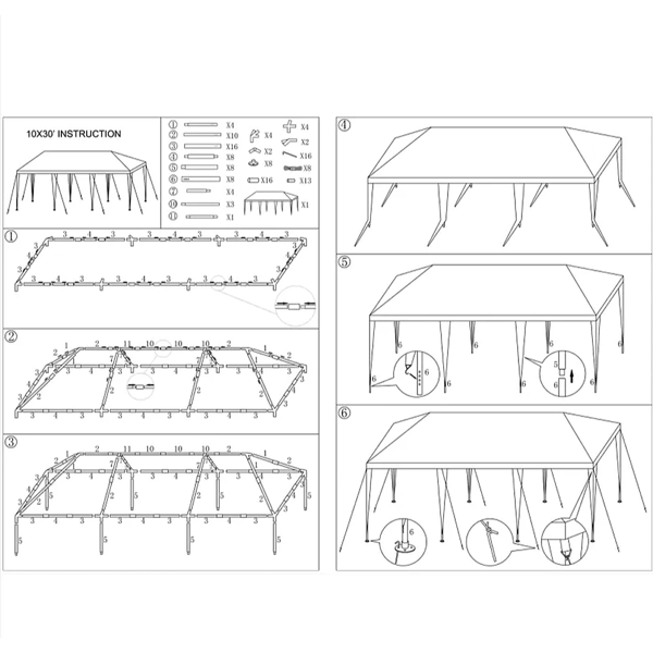 10*30ft (3X9M) 白色8片面（4个窗）户外花园凉亭 婚礼派对帐篷 雨棚 停车棚 广告帐篷，带8个可拆卸侧墙-9