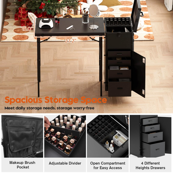 带轮移动美甲台，便携式美甲桌，折叠美甲桌配指甲油托盘及收纳空间，旅行美甲箱配可拆卸可调高工作台-8