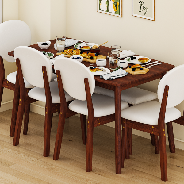 1桌4椅1凳 拆装 橡胶木+软包 深胡桃色 餐桌椅套装 米色坐垫 长方形-19